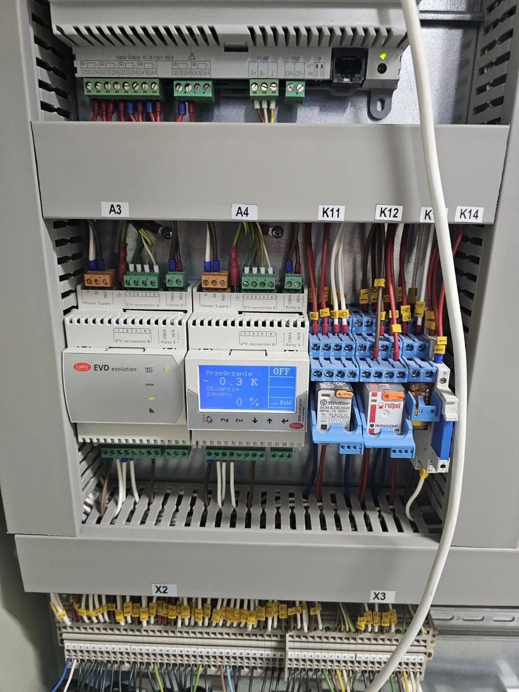 Sterowniki CAREL i aparatura elektryczna w szafie sterowniczej